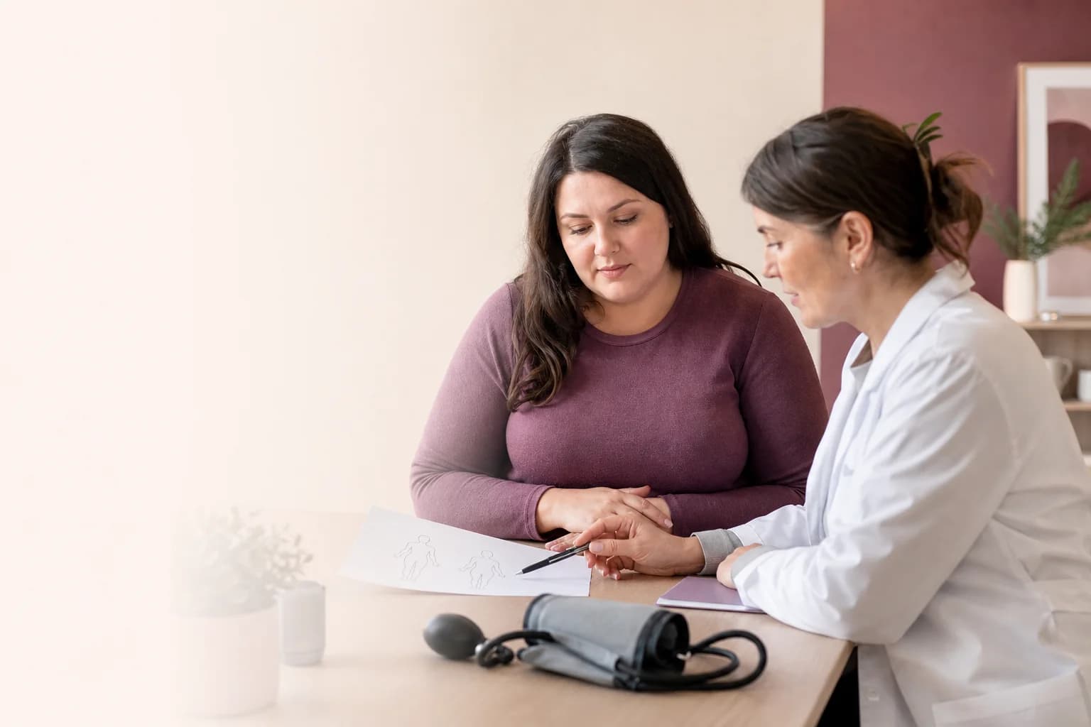 Une patiente et une médecin examinent les éléments d’une évaluation médicale